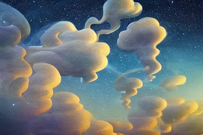 Image similar to a huge flock of many intricate elegant french horn tuba cloud filigreed cloud sculptures, art nouveau redwood forest environment, soothing, milky way, award winning art, epic dreamlike fantasy landscape, ultra realistic,