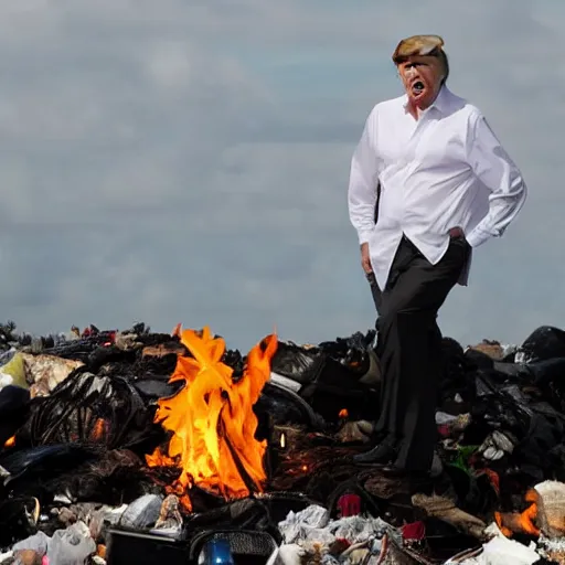 Prompt: trump on fire standing on top of a garbage dump, mar a lago