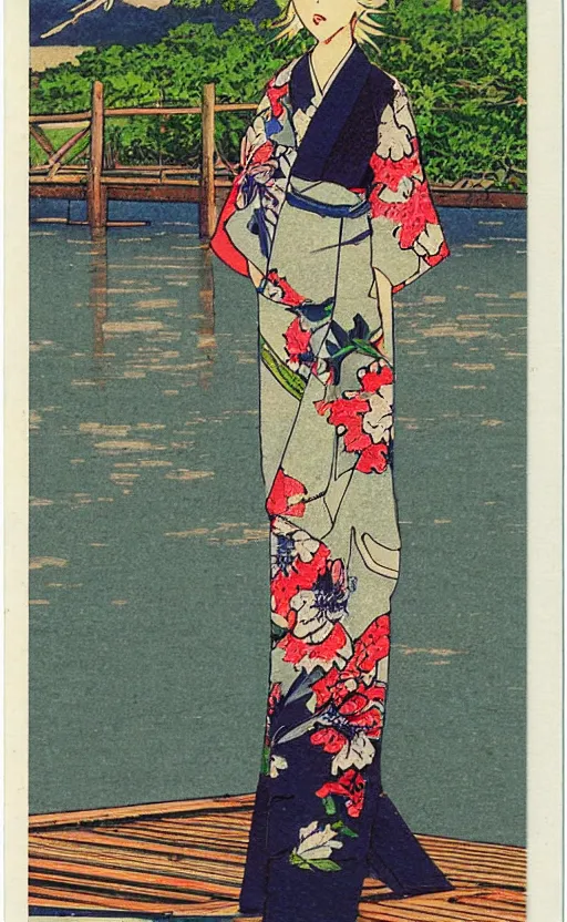 Prompt: by akio watanabe, manga art, a blond girl walking on wooden lake bridge and iris flowers, trading card front, kimono, realistic anatomy