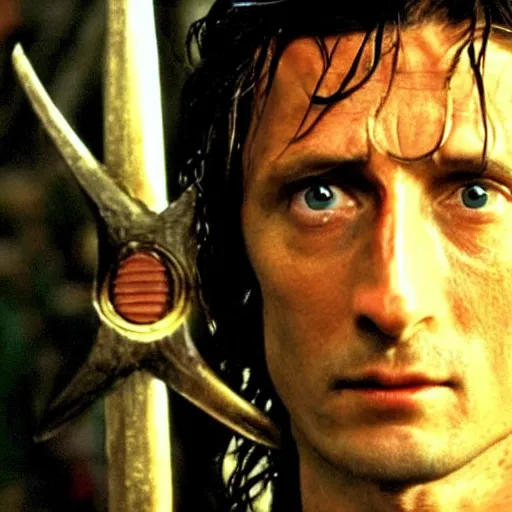 Image similar to a close shot of robert lewandowski as aragorn in the lord of the rings movie,,, fantasy, lord of the rings, movie screen shot