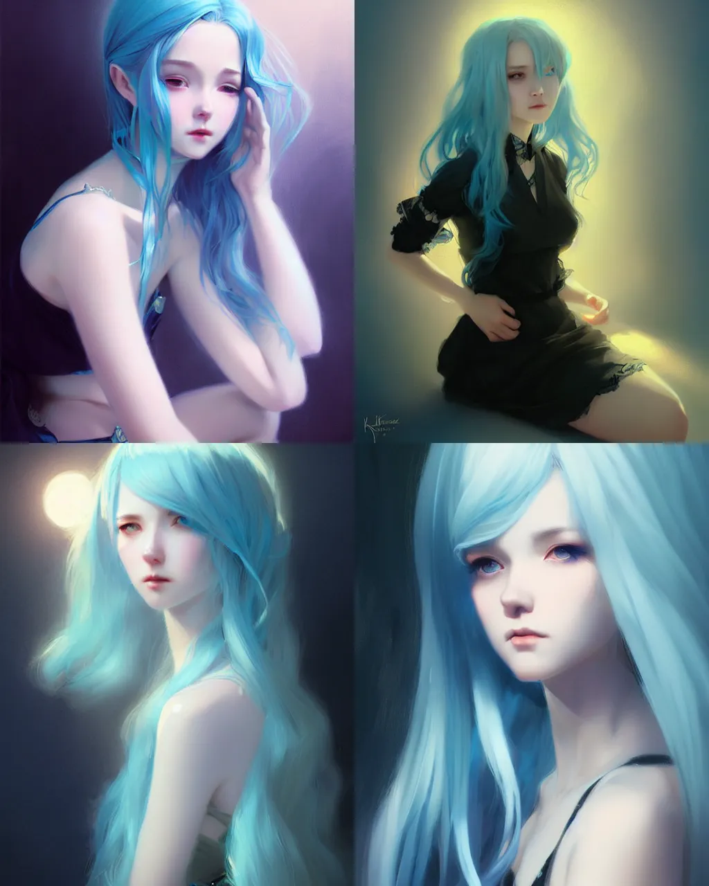 Prompt: girl with light blue hair and black lace dress, portrait, illustration, rim light, top light, perfectly shaded, soft painting, art by krenz cushart and wenjun lin