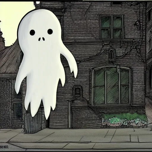 Prompt: a scary looking but very friendly transparent ghost in Chicago in the style of a ghibli movie