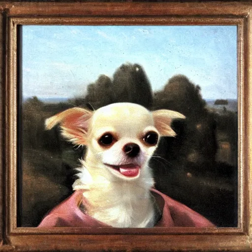 Image similar to chihuahua, by camille corot, eating a bagel