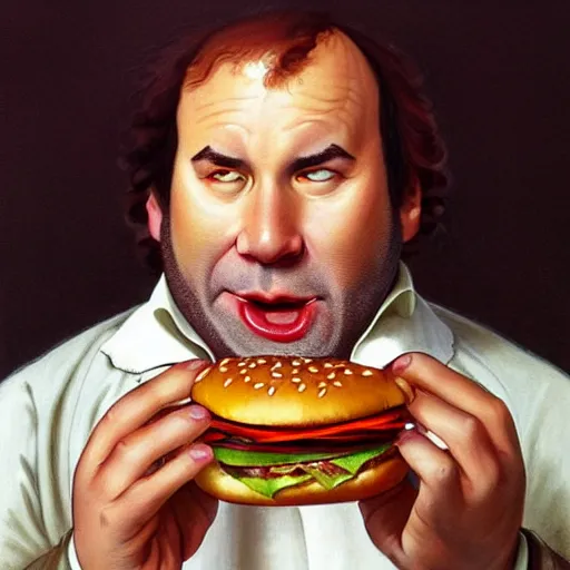 Image similar to portrait of a george Constanza eating a hamburger, extra onions and ketchup, luscious patty with sesame seeds, masculine, handsome, D&D, fantasy, intricate, elegant, highly detailed, digital painting, artstation, concept art, matte, sharp focus, illustration, art by Artgerm and Greg Rutkowski and Alphonse Mucha