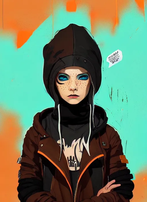 Image similar to highly detailed portrait of a sewer punk lady student, blue eyes, leather hoodie, hat, white hair by atey ghailan, by greg tocchini, by james gilleard, by kaethe butcher, gradient orange, black, brown and cyan color scheme, grunge aesthetic!!! ( ( graffiti tag wall background ) )