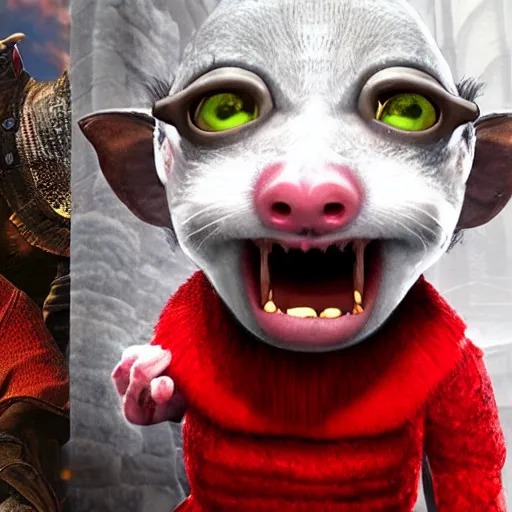 Prompt: stuart little as a monstrous dark souls boss, wearing a red sweater and his fur is white, visually grotesque, unreal engine 2, tongue out