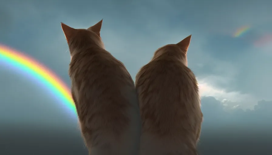 Image similar to back view of cats looking at rainbow, volumetric light, cloudy sky, hyperdetailed, artstation, cgsociety, 8 k