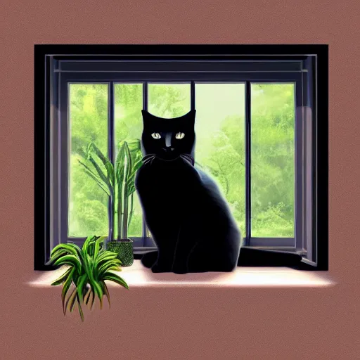 Prompt: peaceful dreamy painting of a content black cat sitting by a window, sunshine coming through the window, small plants on the window sill, 4k resolution, highly detailed