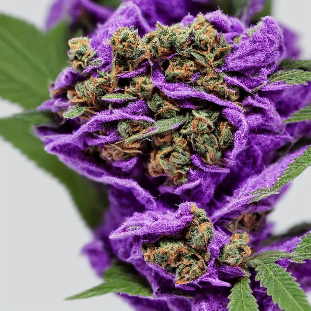 Image similar to a purple haze cannabis in pot, under dramatic light, photorealistic