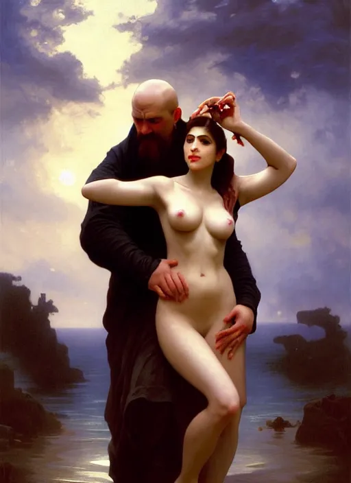 Prompt: kitsch mills and boon romance novel cover with elder god cthulhu!! hugging eva mendes, they are in love, by william - adolphe bouguereau, john singer sargent, digital painting, artstation, concept art, smooth, sharp focus, warm lighting,