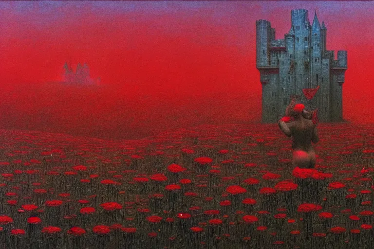 Image similar to only with red, red flowers of different types, a castle in the background, red orcs and trolls dance over the flowers, in the style of beksinski, part by hopper, part by rodcenko, part by hofbauer, intricate composition, red by caravaggio, insanely quality, highly detailed, masterpiece, red light, artstation, 8 k