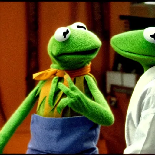 Prompt: kermit the frog fighting daniel in the karate kid, cinematic, high resolution, movie still, dramatic,