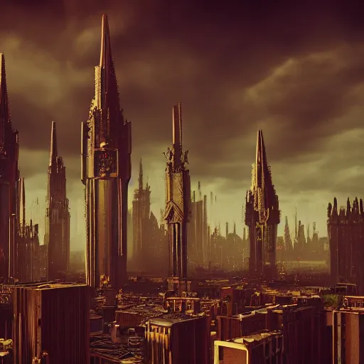 Prompt: octane render of a gothic city with an overcast sky, tall spires, steampunk, cyberpunk, high - definition, trending on artstation, alienating, imposing, imperious, malevolent, moody, landscape, distant, vast, cityscape, skyline, neon, glowing, flying vehicles, long shot, timelapse