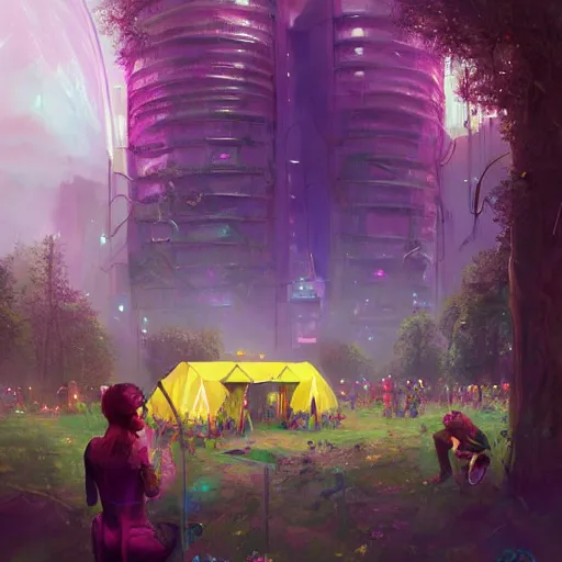 Image similar to a painting of a 1 9 6 0 s cyberpunk futuristic hippie flower power commune with tents and fruit trees and flowers and led screens, a matte painting by magali villenueve and mandy jurgens and charlie bowater, cgsociety, utopia art, sci - fi, bold colors, artstation hq