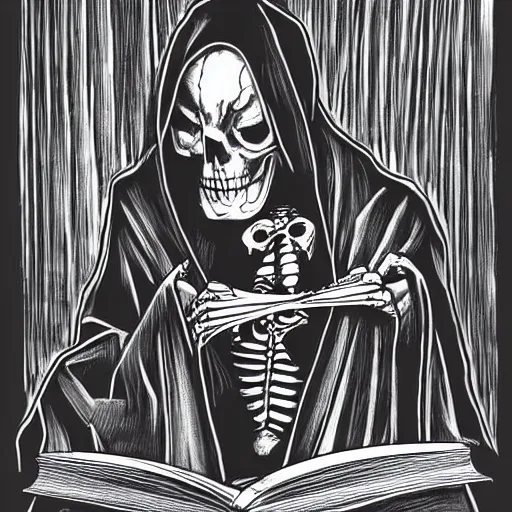 Image similar to Hooded figure with skeleton face reading a book, gothic