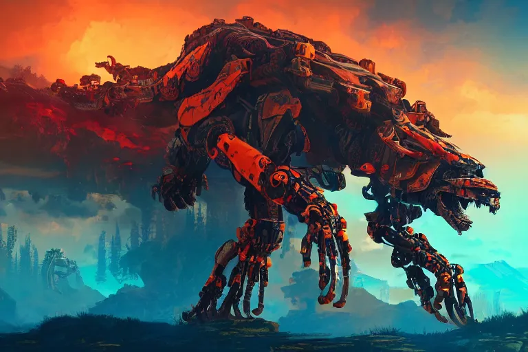 Image similar to fireclaw machine mecanical creature robot of horizon forbidden west horizon zero dawn bioluminiscence global illumination ray tracing hdr fanart arstation by ian pesty and alena aenami artworks in 4 k