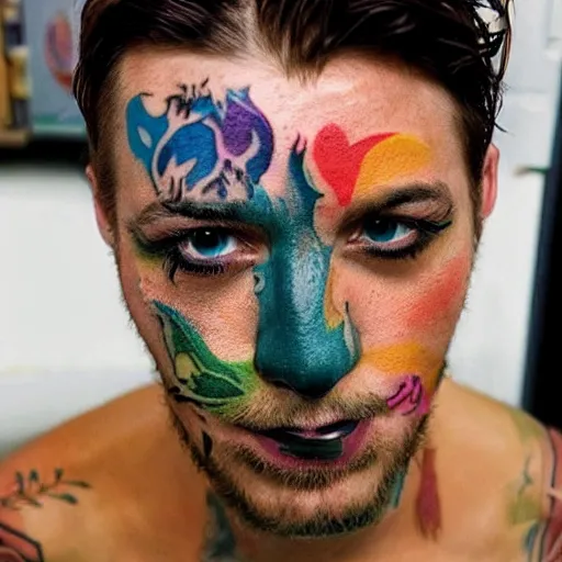 Prompt: a picture of an attractive man with colorful animal tattoos on his face