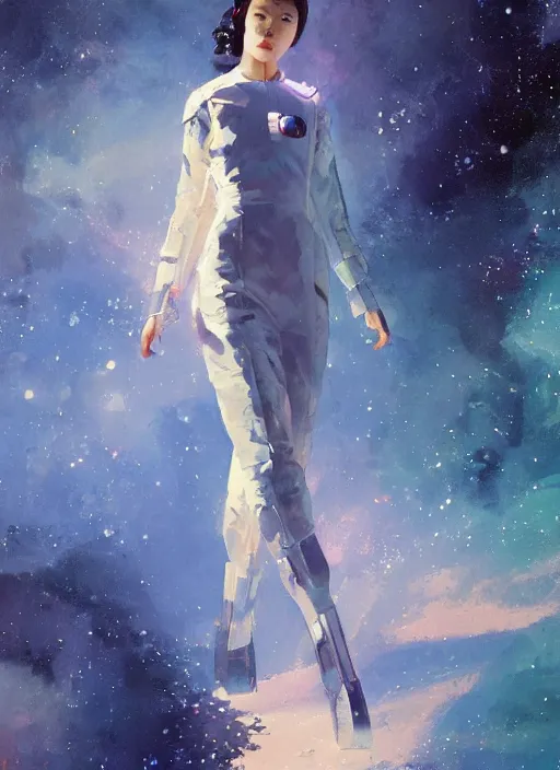 Prompt: Lee Jin-Eun wearing a chic interstellar feminine suit by John Berkey and Vincent Di Fate, rule of thirds, seductive look, beautiful, in intergalactic hq, ethereal lighting, smooth, sharp look, illustration