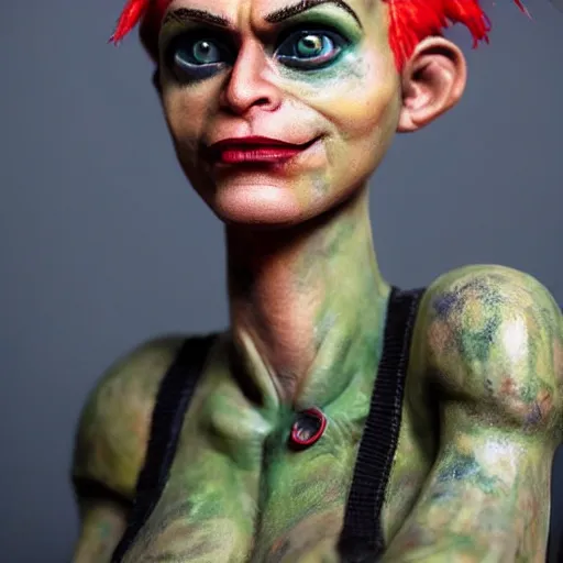 Prompt: ultra realistic painted sculpture of a very beautiful and attractive tank girl. waxwork. cinematic makeup. detailed lifelike. full body. jamie hewlett. beautiful. very attractive. wow. stunning. punk. comic