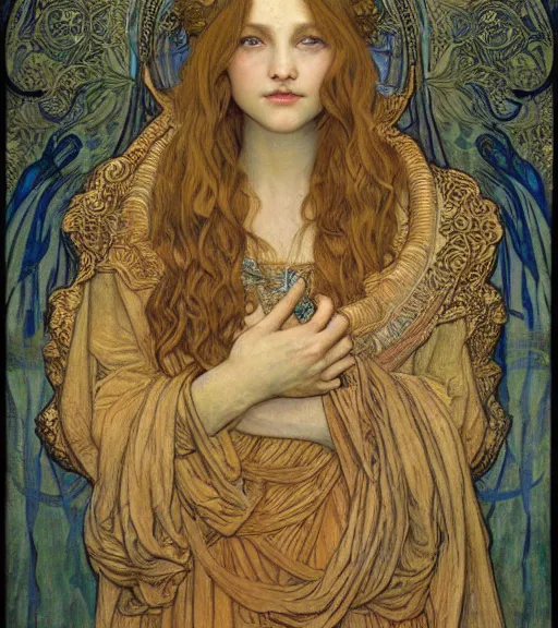 Image similar to detailed realistic beautiful young medieval queen face portrait by jean delville, alphonse mucha, vincent van gogh, and marco mazzoni, art nouveau, symbolist, visionary, gothic, pre - raphaelite