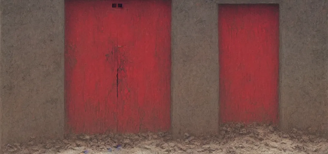 Image similar to red door standing in wasteland in style of zdzisław beksinski