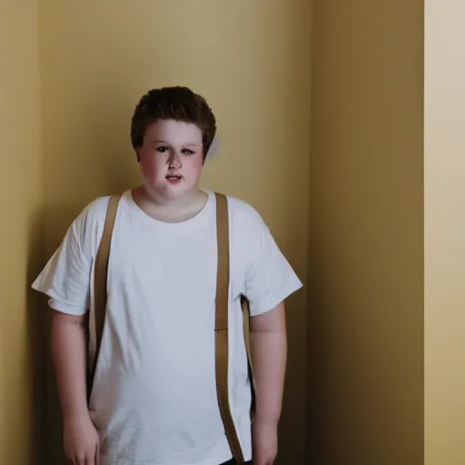 Prompt: white fat teenage boy wearing a white tank top, walking in a nostalgic room with yellow walls and brown carpet