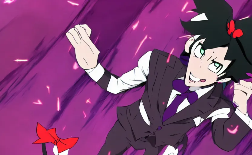 Prompt: a guy with black hair, wears a comedian purple suit and a red bowtie, anime character design key visual, Official media from My Hero Academia, sharp, 4k HD