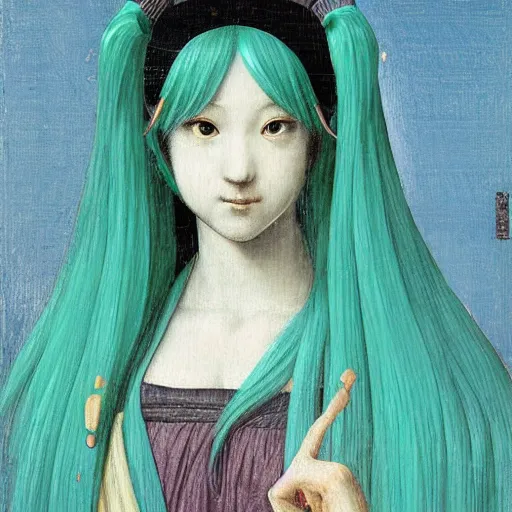 Image similar to hatsune miku in the style of leonardo da vinci, oil painting