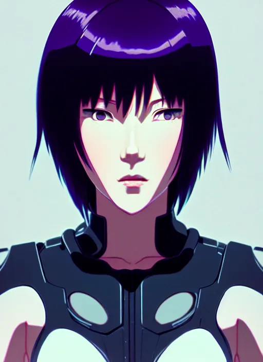 Image similar to a film still fullbody portrait of motoko kusanagi ghost in the shell, finely detailed features, closeup at the faces, perfect art, at a cyberpunk city, gapmoe yandere grimdark, trending on pixiv fanbox, by ilya kuvshinov, rossdraws, artgerm