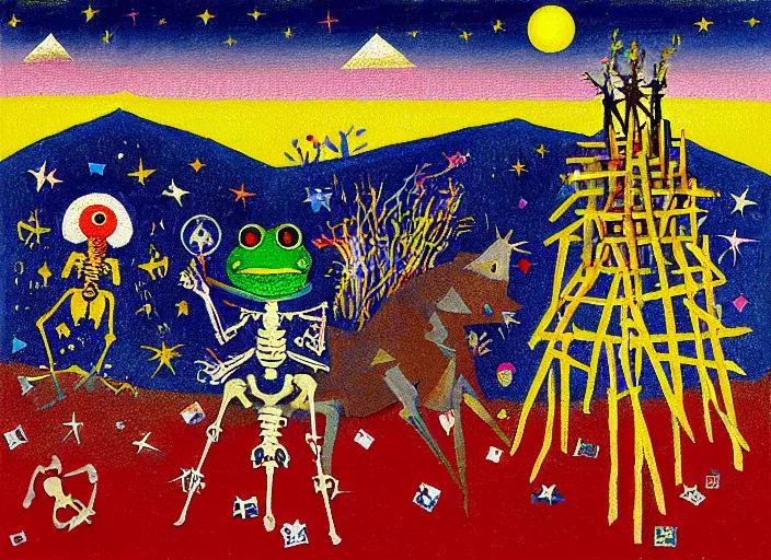 Image similar to pixel decollage painting tarot lovers card composition tower of babel road red armor maggot bear and wonky alien frog skeleton knight on a horse in a dark red cloudy night sky with golden foil jewish stars and diamonds, mountain lake and blossoming field in background, painted by Mark Rothko, Helen Frankenthaler, Danny Fox and Hilma af Klint, pixelated, neo expressionism, semi naive, pastel colors, cinematic, color field painting, cave painting, voxel, pop art look, outsider art, minimalistic. Bill Traylor painting, part by Philip Guston, Amano and Francis Bacon. art by Adrian Ghenie, very coherent symmetrical artwork, cinematic, hyper realism, high detail, octane render, unreal engine, Smooth gradients, depth of field, full body character drawing, extremely detailed, 8k, extreme detail, intricate detail, masterpiece