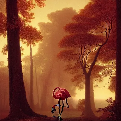 Prompt: reflective realistic futuristic forest pyramid flamingo steak neck beech tree , by Martin Johnson Heade and Ivan Aivazovsky and Mike Winkelmann , cluttered , National Geographic photo , fauvist