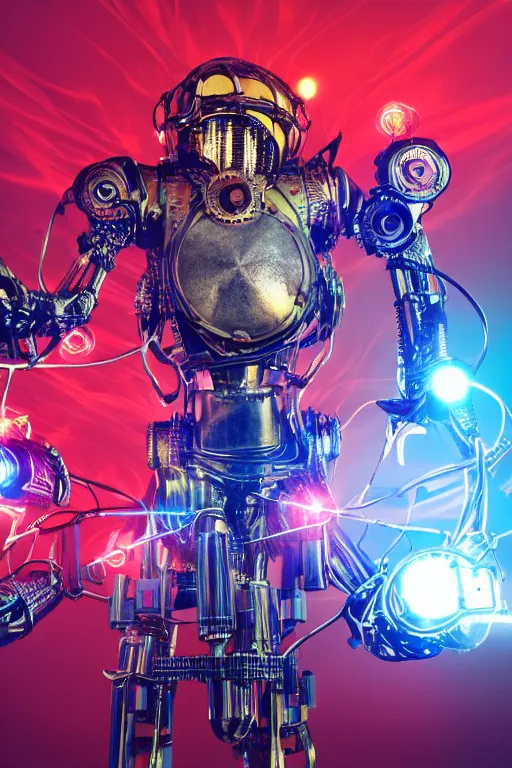 Image similar to portrait photo of a giant huge golden and blue metal humanoid female steampunk robot singer with headphones and gears and tubes, in the foreground is a big red glowing microphone on a tripod, eyes are glowing red lightbulbs, shiny crisp finish, 3 d render, 8 k, insaneley detailed, fluorescent colors, background is multicolored lasershow