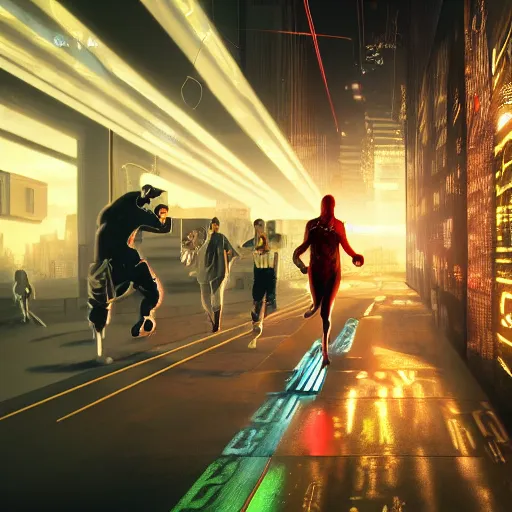 Image similar to people running away from cryptocurrency scared, cyberpunk art, ultrarealistic, 8k