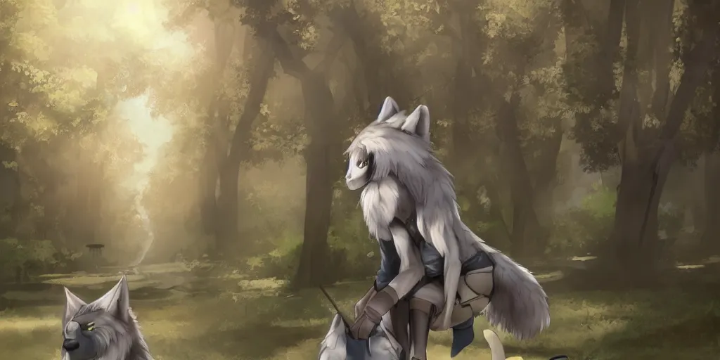 Image similar to anime! art, male anthro wolf furry!, walking at the park, award - winning digital art, cgsociety