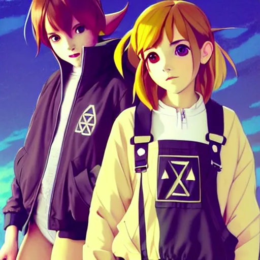 Image similar to beautiful boyish emma watson in majora's mask, wearing oversized mayan bomber jacket with overalls and leotard, bulky poofy bomber jacket with mayan patterns, aztec street fashion, gapmoe yandere grimdark, trending on pixiv fanbox, painted by greg rutkowski makoto shinkai takashi takeuchi studio ghibli, akihiko yoshida