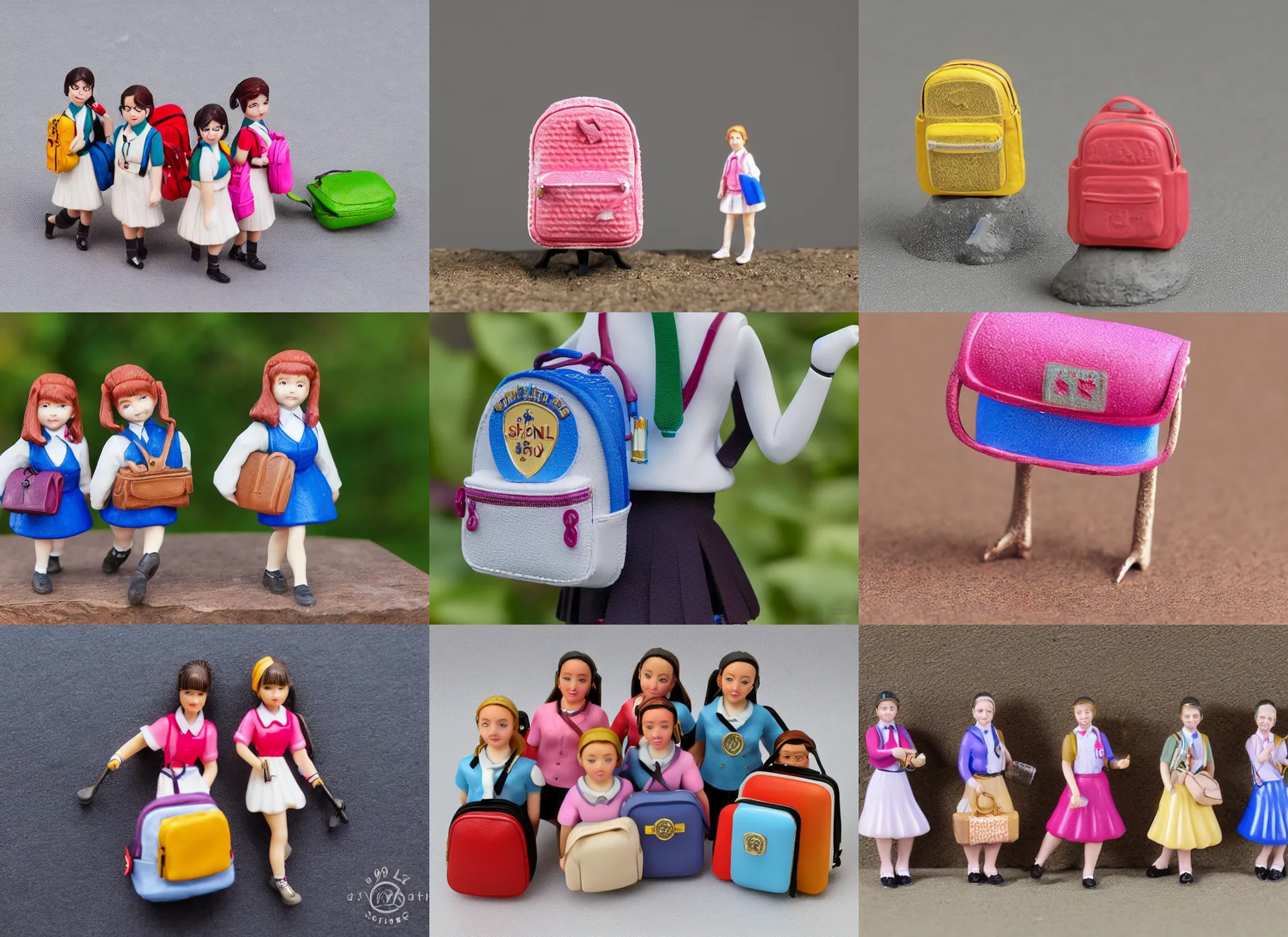 Prompt: 80mm resin detailed miniature of school girls, school bag, on textured base ;Miniature product Photo, 4K, Full body