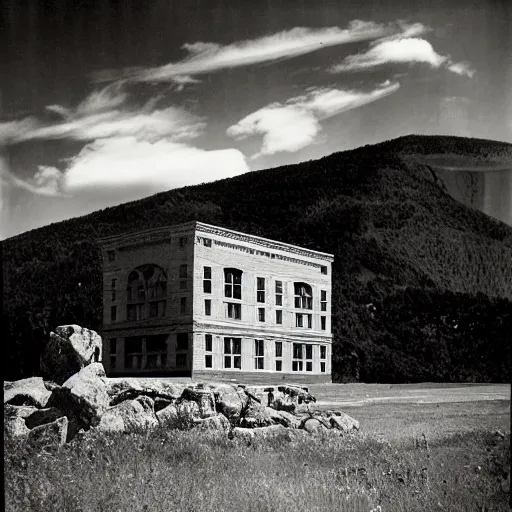 Prompt: a building in a stunning landscape by nina leen