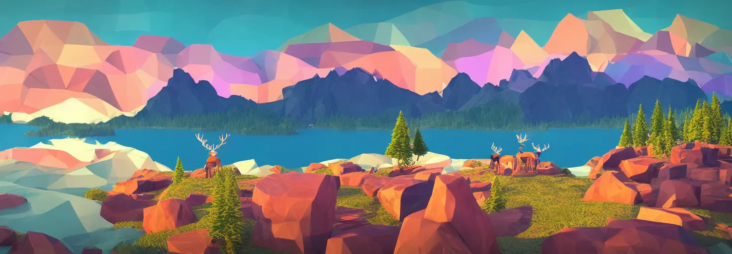 Image similar to super detailed color lowpoly art, northern sunset with rocks on front, lake in the middle of perspective and mountains at background, graphic reindeers in random points, unreal engine, david hockney color palette, 3d render, lowpoly, colorful, digital art