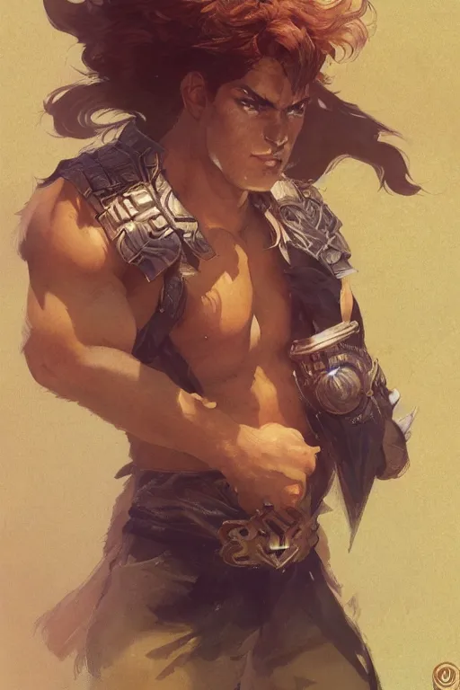 Image similar to cute Hokuto no Ken, light-brown skin, D&D, fantasy, portrait, highly detailed, digital painting, artstation, concept art, sharp focus, illustration, art by greg rutkowski and alphonse mucha