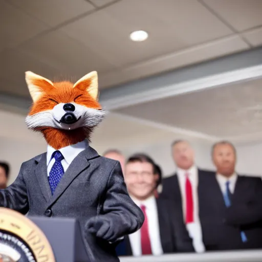 Image similar to a fox animal dressed in a suit giving a presidential press conference, 8 5 mm f / 1. 4