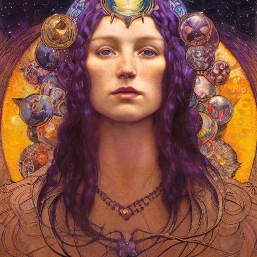 Image similar to queen of the moon with stars in her hair, by annie swynnerton and tino rodriguez and nicholas roerich and jean delville and donato giancola and diego rivera and tom bagshaw and evelyn demorgan, dramatic lighting, god rays, geometric tattoos, rich colors, smooth sharp focus, extremely detailed, adolf wolfli