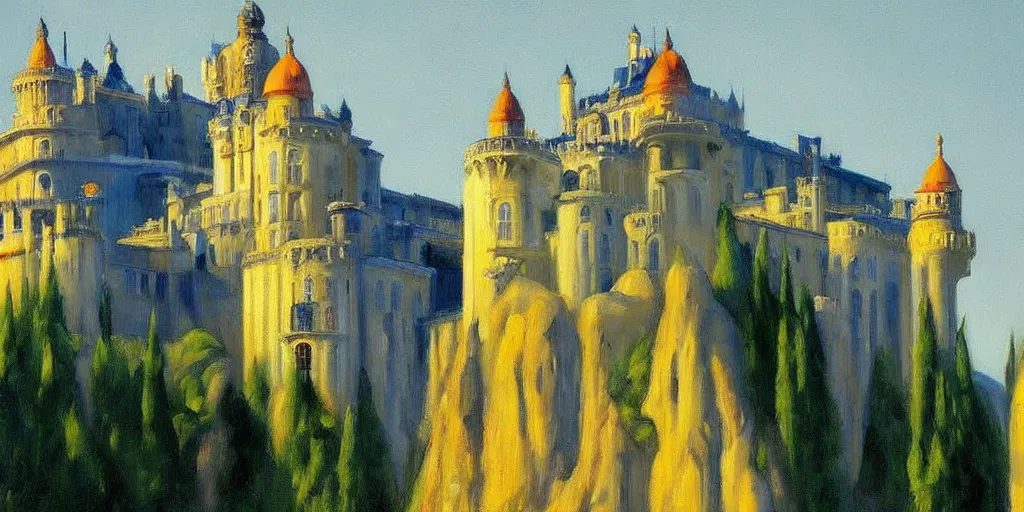 Image similar to street art. paralyzed by the indescribable beauty of the cosmos. amazing view of the palacio da pena. art style by edward hopper daring, incredible