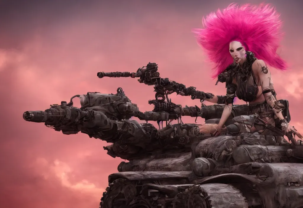 Image similar to beautiful apocalyptic woman with pink Mohawk, posing on mad max panzer tank, 4k ultra hd, fantasy dark art, artstation, octane render