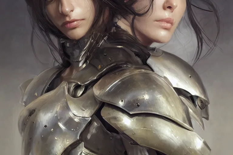 Image similar to a portrait of an attractive young woman, clothed in battle armor, olive skin, long dark hair, beautiful bone structure, symmetrical facial features, intricate, elegant, highly detailed, digital painting, trending on Artstation, concept art, smooth, sharp focus, illustration, from Metal Gear by Ruan Jia and Mandy Jurgens and Artgerm and greg rutkowski and william-adolphe bouguerea, award winning