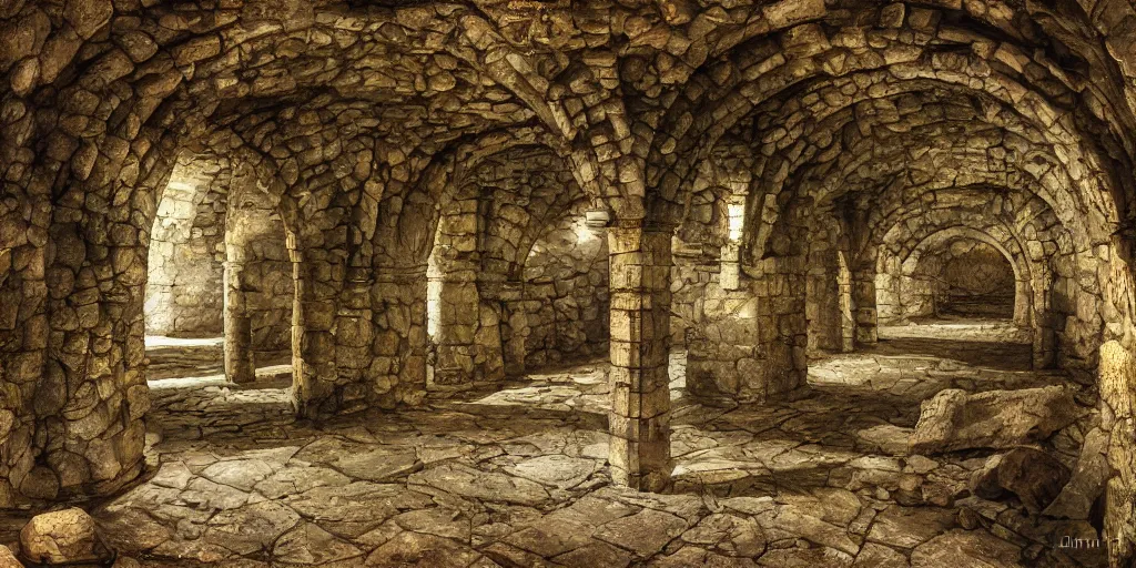 Prompt: ancient underground medieval lair, art, high detail,