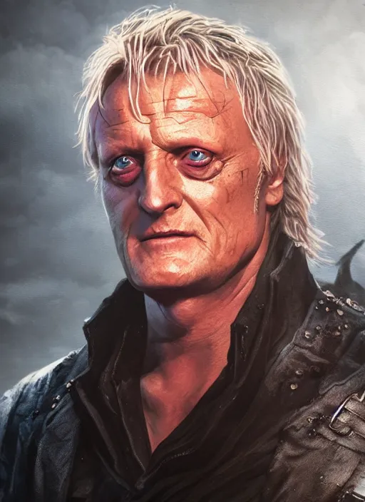 Prompt: A fantasy comic book style portrait painting of Rutger Hauer as a vampire necromancer in a atmospheric dark fortress, unreal 5, DAZ, hyperrealistic, octane render, RPG portrait, ambient light, dynamic lighting