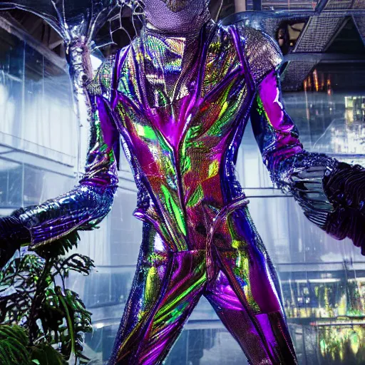 Image similar to conde nast traveler photo, inside a futuristic detailed alien jungle made out of shiny reflective chrome, futuristic android with limbs made out of stretchy rubber tubing mixed with shiny colorful giant intricate detailed chrome gauntlets and chest piece and discoball mask, wearing a long purple velvet cape, fog and mist