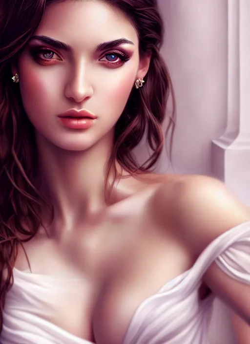 Image similar to a gorgeous greek female photo, professionally retouched, soft lighting, realistic, smooth face, full body shot, torso, dress, perfect eyes, sharp focus on eyes, 8 k, high definition, insanely detailed, intricate, elegant, art by artgerm and jason chan