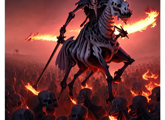 Image similar to ainz ooal gown leading his undead army to battle riding a flaming skeleton horse, skeleton soldiers in background, highly detailed, deep focus, elegant, artstation, digital painting, smooth, sharp focus, illustration, ultra realistic, 8 k, art by artgerm and greg rutkowski and alphonse mucha