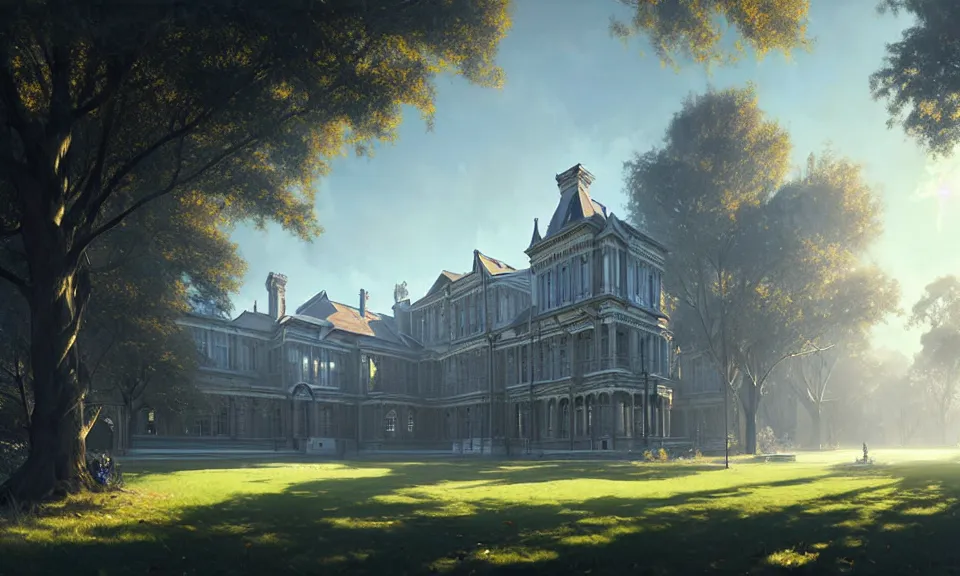 Prompt: a large victorian college building surrounded by houses and trees, blue sky, higjly detailed, sunny, volumetric, cinematic lighting, realistic, digital art by greg rutkowski